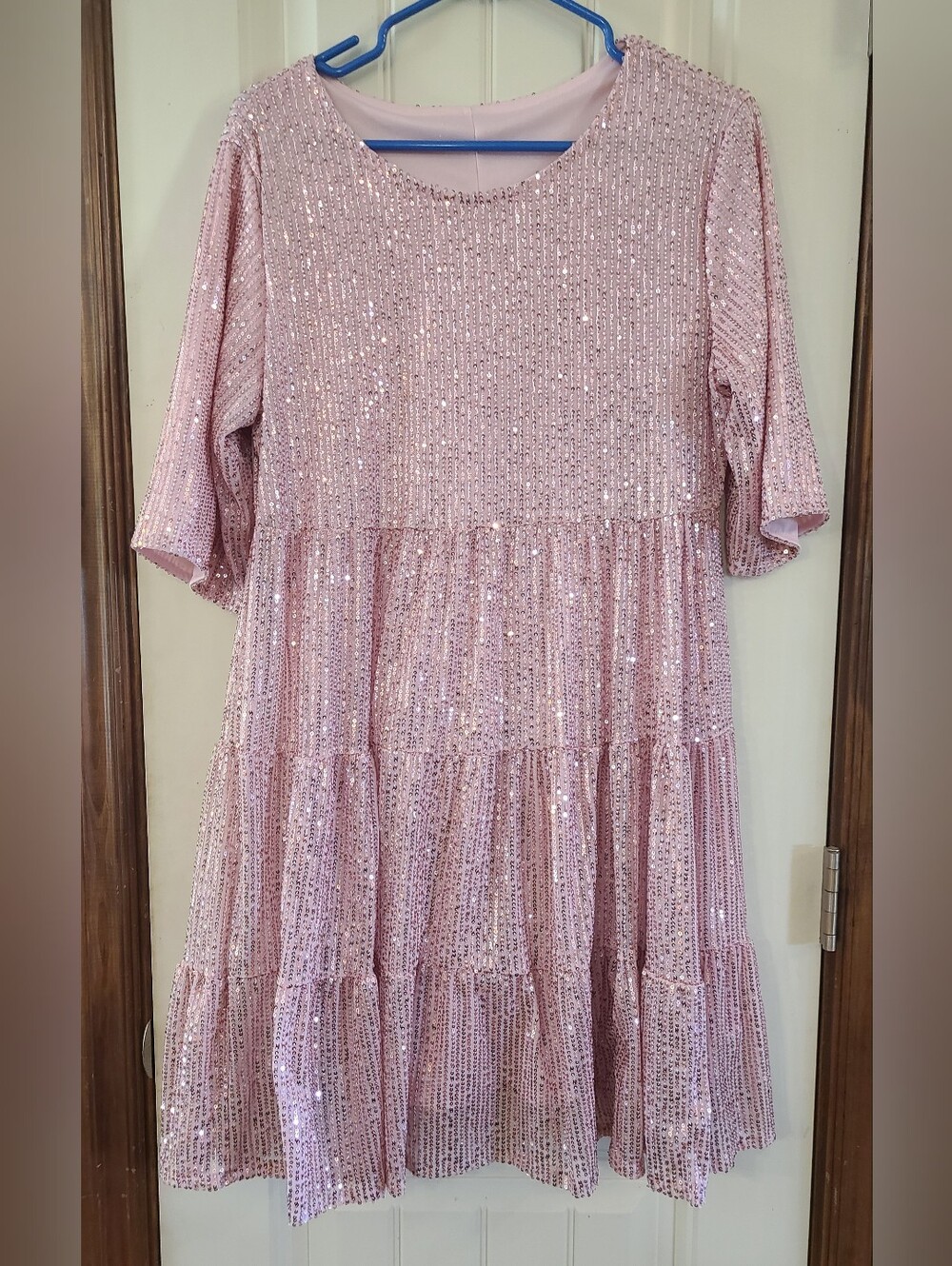 Sparkle Tiered Pink Sequin Fit And Flare Midi Dress M